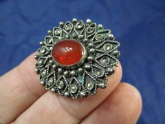 Hand Made 800 Silver Boho Pin Brooch With Orange Glass Cabochon Stone Greece
