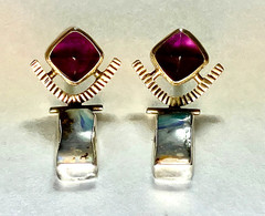 Opal Amethyst post earrings in sterling silver Bezel set signed Debbie Noiseau