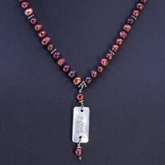 16″, Vintage 5mm red freshwater pearl necklace Sterling 925 silver pendant Sing
