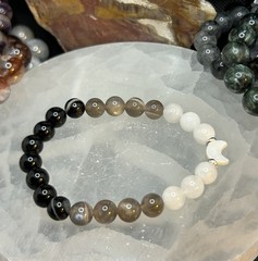 Moon Phase Stretch Bracelet 8mm 7” W/ S925 Accent Beads, Moonstone, And Agate