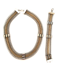 Women’s Multistrand Bracelet & Necklace Gift Set Metal Mesh Gold Silver Colors