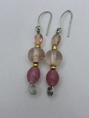 Artisan Pink Speckled Beaded Silver Tone Hook Dangle Drop Earrings 2.5 Inch