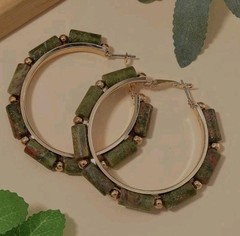 New 50 Carat Unakite Gemstone Barrel Hoop Earrings Gold Plated Earthy Boho