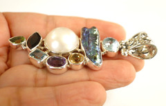 White Mabe Pearl Black Biwa Multi Gemstone 925 Sterling Silver Pendant