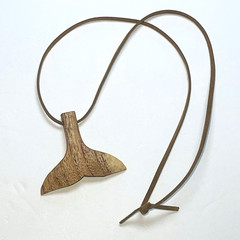 Wood Whale Tail Pendant Necklace Hand Carved 24″ Leather Cord Strength Power