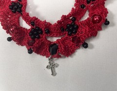 Vintage Handmade Goth Crochet Black White & Red Choker Necklace Set by Odythia