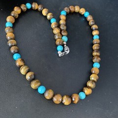 Navajo Blue Turquoise Brown Tigers Eye Sterling Silver Necklace 20″ 13895