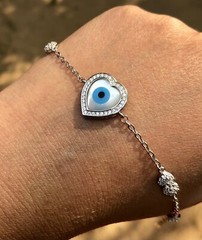 925 Silver Evil Eye Protection Bracelet Amulet Nazariya Mother of Pearl 5.16 gm