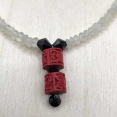 Vintage artisan gemstone/stone bead cinnabar pendant necklace sterling 925.