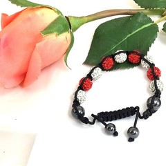 Women Gift Red & White Rhinestone Ball and Hematite Bead Macrame Bracelet 7-10″