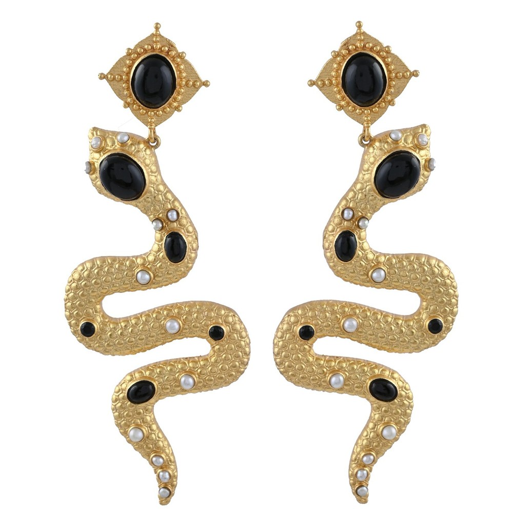 Serpentine Earrings Handcrafted gold plated brass with Black onyx and Pearls