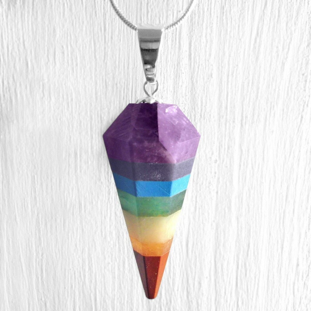 7 Chakra Gemstone Pendant Rainbow Crystal Cone Necklace for Reiki Energy Healing