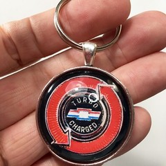 Vtg. Turbo Charged Chevrolet Chevy Corvair Chrome Badge Emblem Logo Keychain