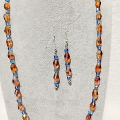 Handcrafted Jewelry 23″ Amber & Blue Facet Glass Teardrops Necklace Earring Set