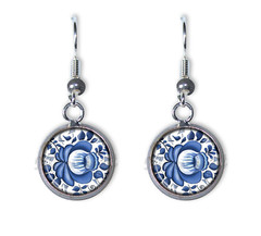 Gzhel Blue Flower Design – SMALL Round Resin Dangling Earrings 12MM SIZE