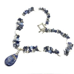 Handcrafted Sodalite Chip Bead Necklace Mother of Pearl Teardrop Pendant 16″