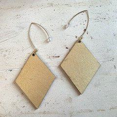 Handmade Abstract Wood Statement Earrings OOAK Deep Blue Gold Metallic Dangles