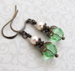 Green Earrings Antiqued Brass Dainty using Swarovski Crystal Affordable Holiday