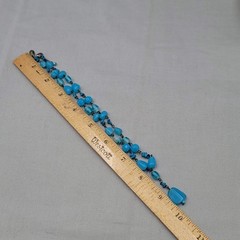Signed Express Blue Art Glass Bead Y Drop Necklace 18″ adj