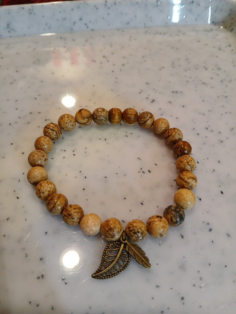 Picture Jasper 8mm 6.8″ bracelet w/ 2 Leaf Charms Handmade In Utah, USA