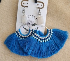 Handmade Fancy Fan Tassel Statement Earrings – Blue & Rectangle MOP Resin Link