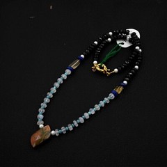Rainbow Moonstone Faceted Beads Necklace with Unkite Jasper Pendant with Spinel