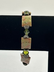 Artisan Unakite Stone Olive Green Crystal Beaded Bracelet Heart Toggle 8.5”