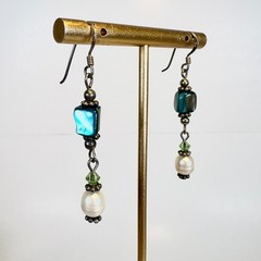 Vintage Sterling Silver Dangle Earrings Blue MOP & Fresh Water Pearls Green Boho