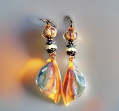 Handmade Artisan Earrings blown glass leaf /wing dangles Flower Glass Beaded