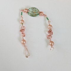 Handmade bracelet confetti focal green peach glass pearls by Pat2 size 7.2