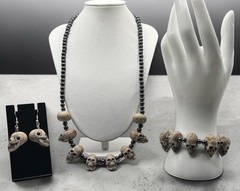 VTG Hematite & Clay Skulls Magnetic Clasp Jewelry Set. Wicca, Witch, Halloween,