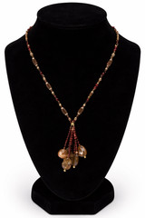 Tribal Artisan Gold Tone Brown Beaded Polished Natural Stone Tassel Necklace