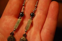 Vintage AKUABA African 3″ Bronze Drop Dangle Earrings GREEN AVENTURINE/ HEMATITE