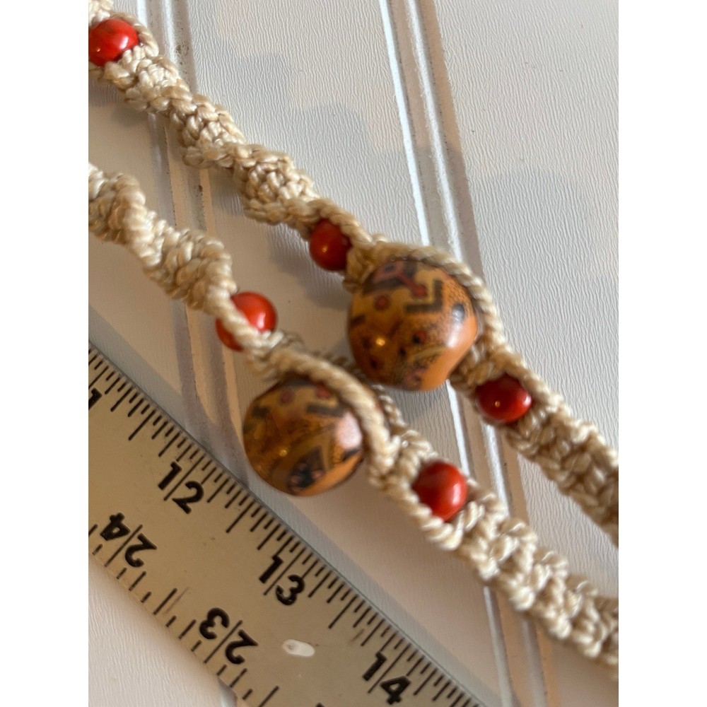 Vintage Boho Macrame Beaded Necklace Cream Red Southwestern Tassel Handmade