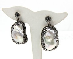 Sterling Silver Silver Pearl & Hematite Crystal Bead Drop 1 3/4″ Long Earrings
