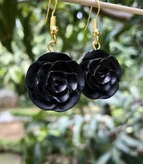 Ebony Wood Rose Flower Carved Handmade Earrings 45 mm length, D 1