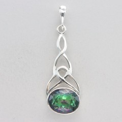925 Sterling Silver – Rainbow Oval Mystic Topaz Celtic Pendant / Necklace