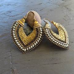 Hippie Tribal Dangle Hoop Earrings Gold Tone Brass Boho Ethnic Handmade Thailand