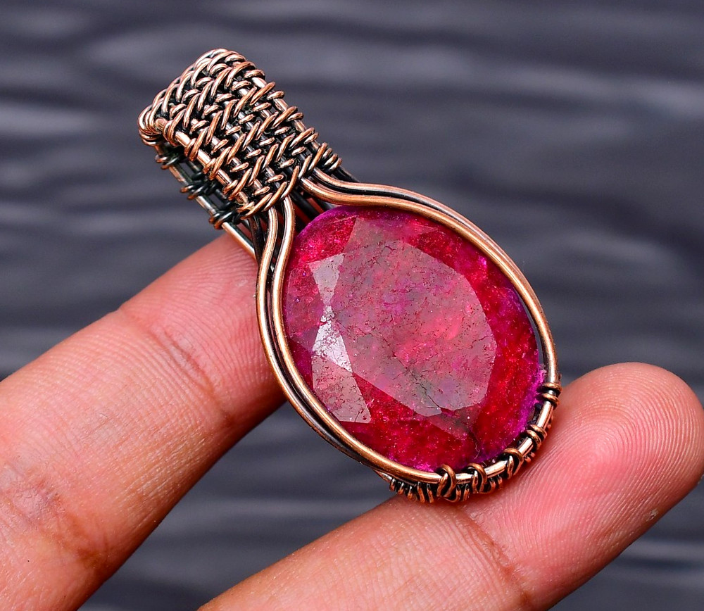 Ruby(Lab-Created) Gemstone copper wire wrapped Handmade pendant Jewelry 1.61″