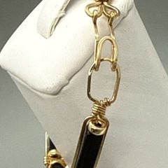 Artisan Black Onyx & Gold Tone Wire Wrapped Tube Bead Link Bracelet Handmade Vtg