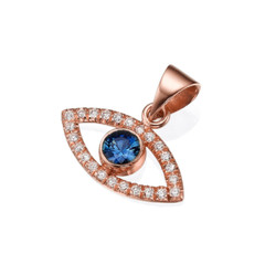 Evil Eye Pendant Real 14k Rose Gold w Sapphire and Diamonds Jewish Charm Jewelry