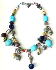 Boho Tribal Beaded Necklace Turquoise Wood Glass Charms Dangle Artisan Statement