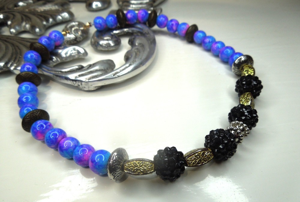 Bold Blue and Gold Chocker Necklace Handmade Unique Acrylic Bead Iridescent