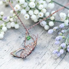 Handcrafted Wire-Wrapped Clear Quartz Pendant Copper Chain Green Bead