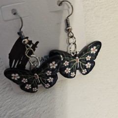 Butterfly Daisies Earrings Handmade Black Green White Yellow Dangle