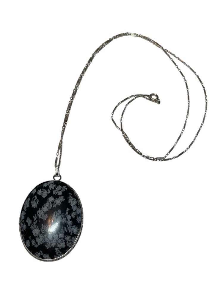White & Black Snowflake Obsidian Pendant With 12” Sterling Silver Chain