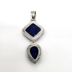 Natural Lapis Lazuli Two-Stone Pendant Silver Plated Geometric Square & Teardrop