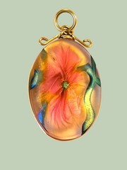 Lotton Art Glass Flower Pendant Oval Iridescent Pink Flower 1998