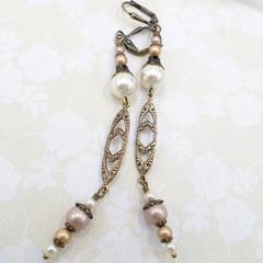 Art Nouveau Earrings, Beige Cream Pearl Neutral Color Handmade Bridal Jewelry