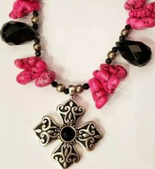 Artisan Pink Black Silver Natural Stone Glass Beaded Cross Medallion Necklace